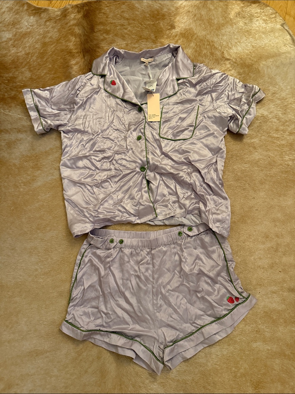 Morgan Lane Katelyn Fiona Embroidered Silk Pajama Set in Lilac with Strawberries